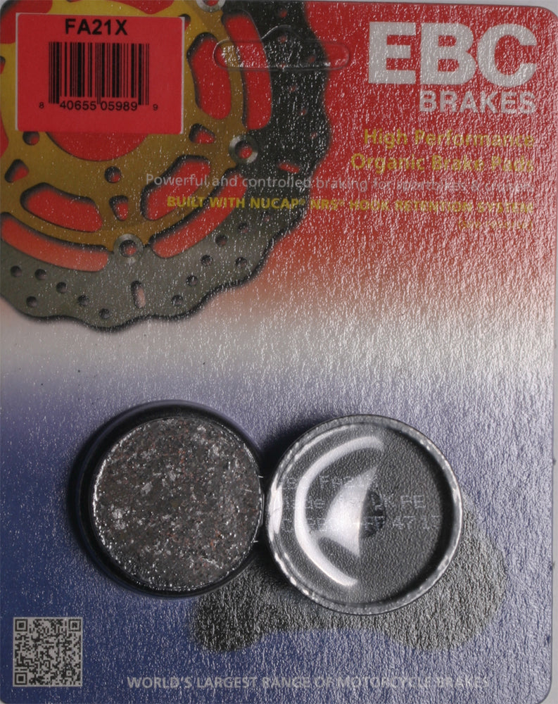 EBC Motorcycle Brakes brake pads for models 15-21X, showing the black brake pad with metal backing and EBC branding.
