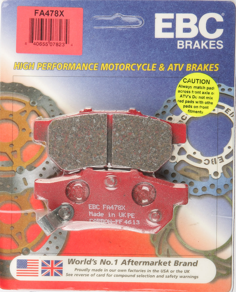 EBC Motorcycle Brakes Brake Pads 15-478X showing black brake pad with metal backing plate and EBC branding