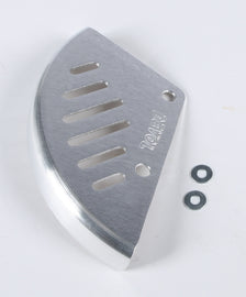 Devol Rear Disc Guard for Honda CRF250 motorcycle, black metal protective cover with mounting hardware.