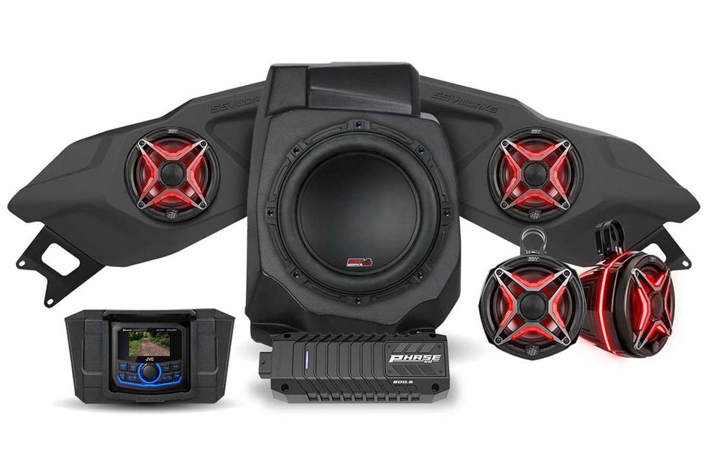SSV Works 5 speaker kit with Phase EQ and JVC controller, showing speakers and control unit for audio enhancement system.