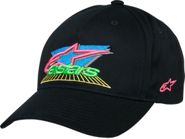 Alpine Star Vivid Hat in black, featuring a stylish design and branding, displayed on a neutral background.