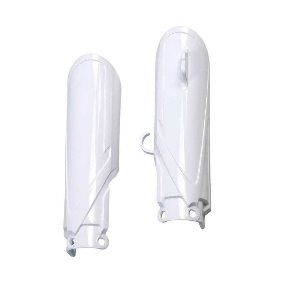 Polisport Plastics Yz65 white off-road fork guards mounted on a motorcycle fork, designed for durability and protection.