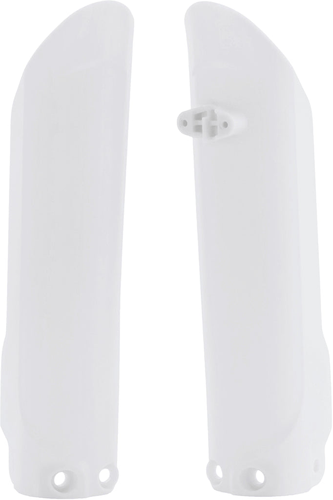 Acerbis white fork guards for motorcycle suspension, featuring the Acerbis logo and mounting points on a white background.