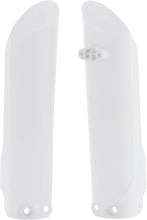 Load image into Gallery viewer, Acerbis white fork guards for motorcycle suspension, featuring the Acerbis logo and mounting points on a white background.