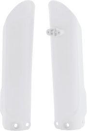 Acerbis white fork guards for motorcycle suspension, featuring the Acerbis logo and mounting points on a white background.