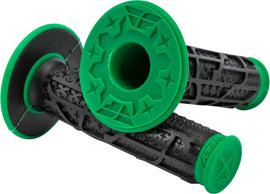 Fly Racing Pilot II MX grips in green and black on a Honda CRF250, showcasing textured rubber grip surfaces and branding.