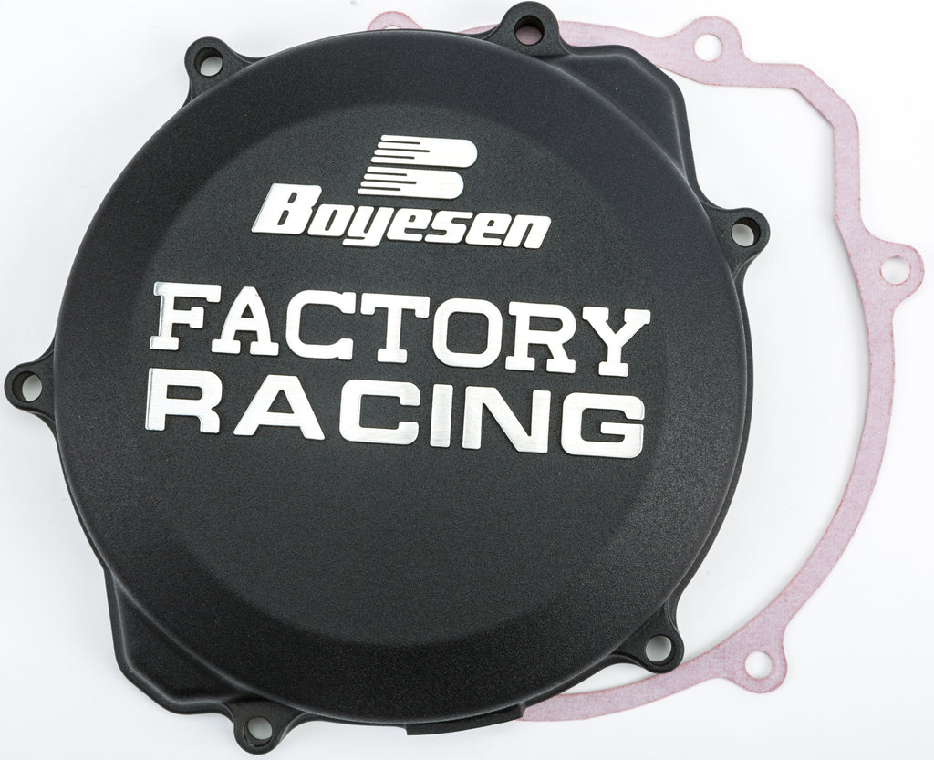 Boyesen Factory Racing clutch cover in black for Yamaha YZ250 motocross bike, featuring durable metal construction and precise fit.