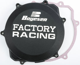 Boyesen Factory Racing clutch cover in black for Yamaha YZ250 motocross bike, featuring durable metal construction and precise fit.
