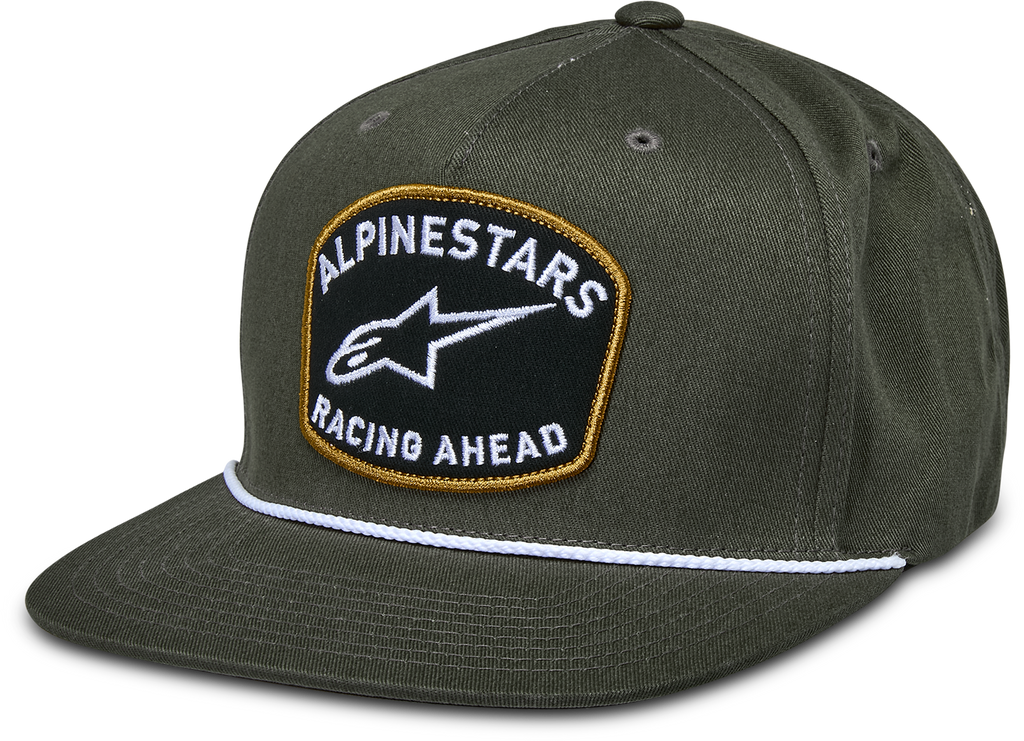 Alpine Star Promptus Snapback Hat in military green with structured brim and adjustable strap, casual headwear for outdoor activities.