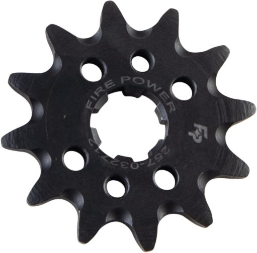 Steel Fire Power front CS sprocket 12-tooth for motorcycle, showing the gear teeth and branding details.