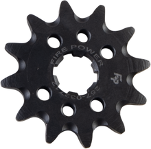 Load image into Gallery viewer, Steel Fire Power front CS sprocket 12-tooth for motorcycle, showing the gear teeth and branding details.