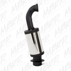 MBRP Exhaust standard silencer for performance exhaust system, showing a sleek metallic muffler with inlet and outlet pipes.