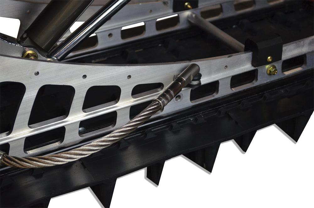 Pair of Straightline Performance ice scratcher rail saver tip holders for snowmobiles, shown with black and metal finishes.