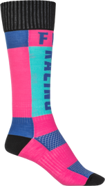 Fly Racing MX socks in thick pink and blue, large/XL size, designed for motocross riders with vibrant color details.