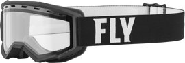 Fly Racing youth Focus snow goggles in black and white with clear lens, featuring adjustable strap and foam padding for comfort.