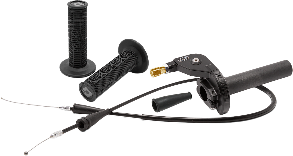 Motion Pro Twist Throttle Conversion Kit for motorcycle, featuring cable and hydraulic control lines, in black with metal fittings.