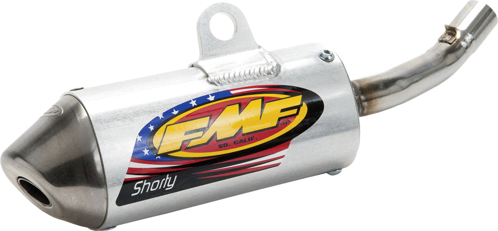 FMF Racing Powercore II Shorty Silencer exhaust for motorcycles, shown with sleek metal finish and compact design.
