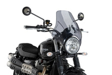 Charger l'image dans la galerie, PUIG Windscreen Plus Smoke for motorcycle windshield, curved transparent shield with smoky tint, provides wind protection and style.