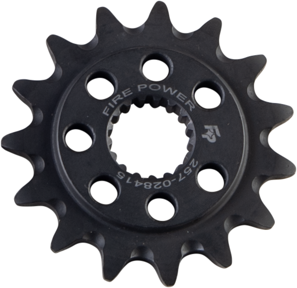 Steel 15-tooth Fire Power front CS sprocket for Honda CRF250 motorcycle, showcasing the durable sprocket with teeth and mounting hole detail.