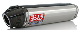 Yoshimura RS-5 stainless steel and carbon fiber slip-on motorcycle exhaust with sleek design and branding visible.