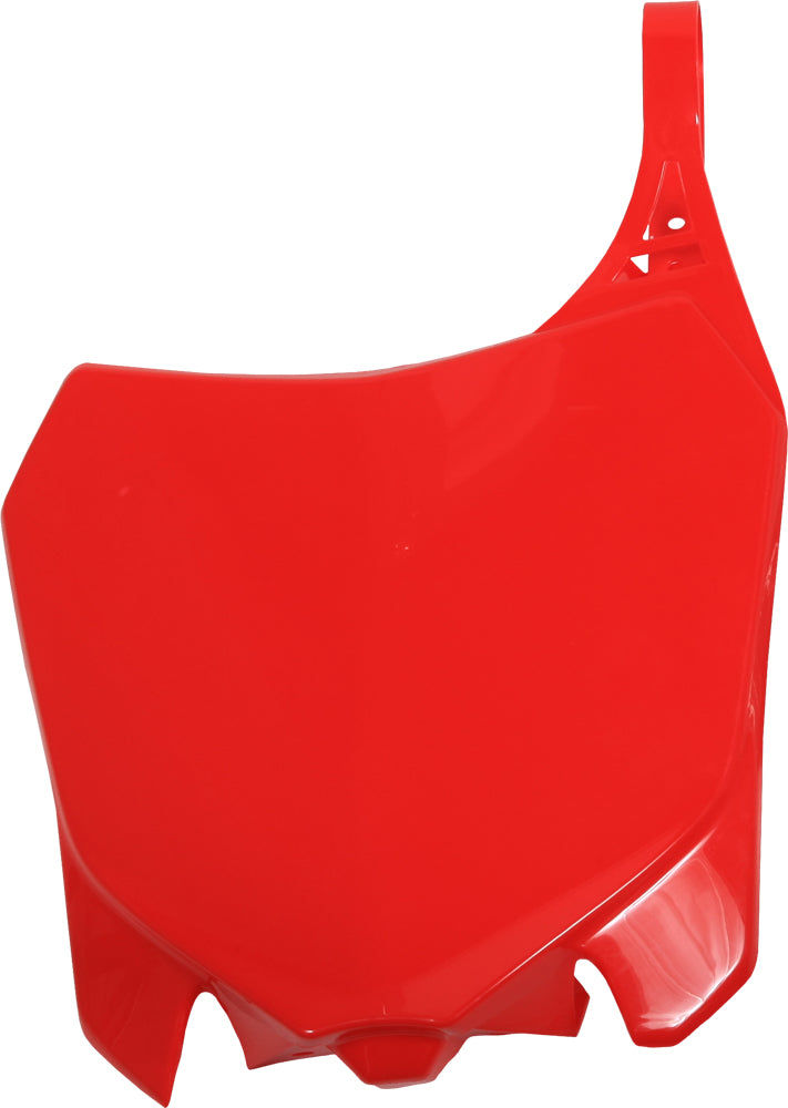 Red Polisport Plastics front number plate for bikes, featuring a sleek body design with bold graphics and mounting holes.