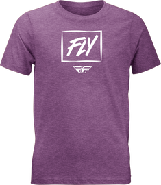 Fly Racing Youth Fly Zoom Tee in purple heather, showing the colorful graphic design on the front of this casual t-shirt.