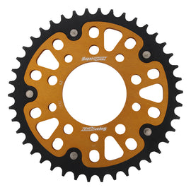 Supersprox rear stealth aluminum and steel 42-tooth motorcycle sprocket with gold finish and tri-metal construction.