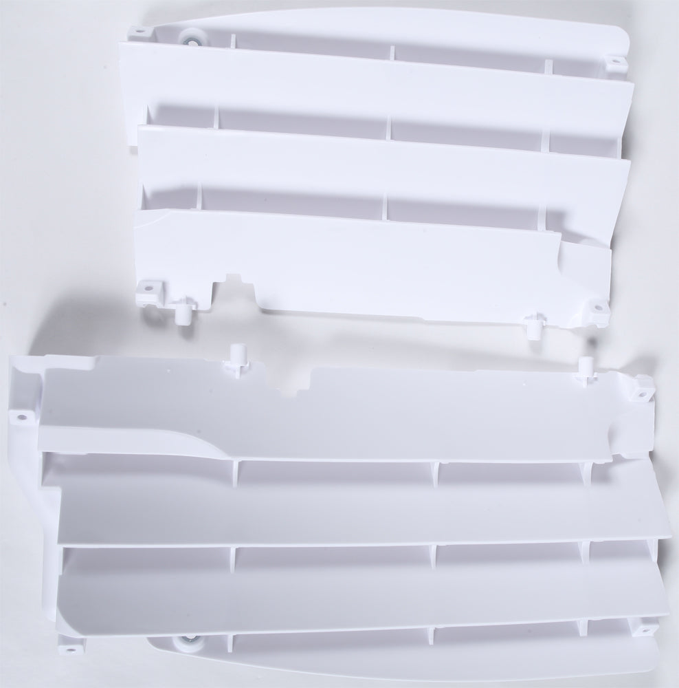 Polisport Plastics white radiator louvers for motorcycle, showing sleek plastic vents designed for cooling system protection.
