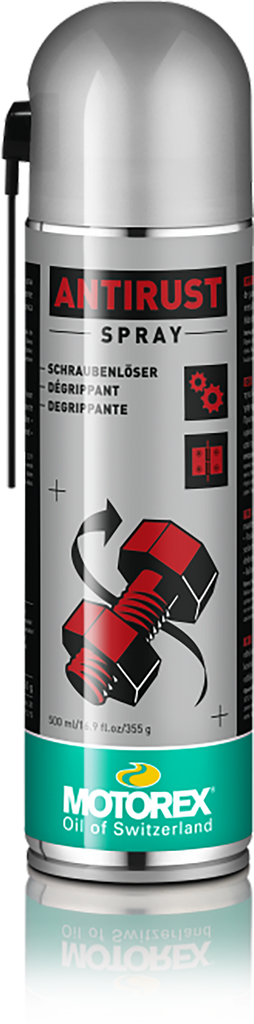 Motorex Anti-Rust Spray 500ml in a spray bottle, used for preventing rust on metal surfaces, shown in the product image.
