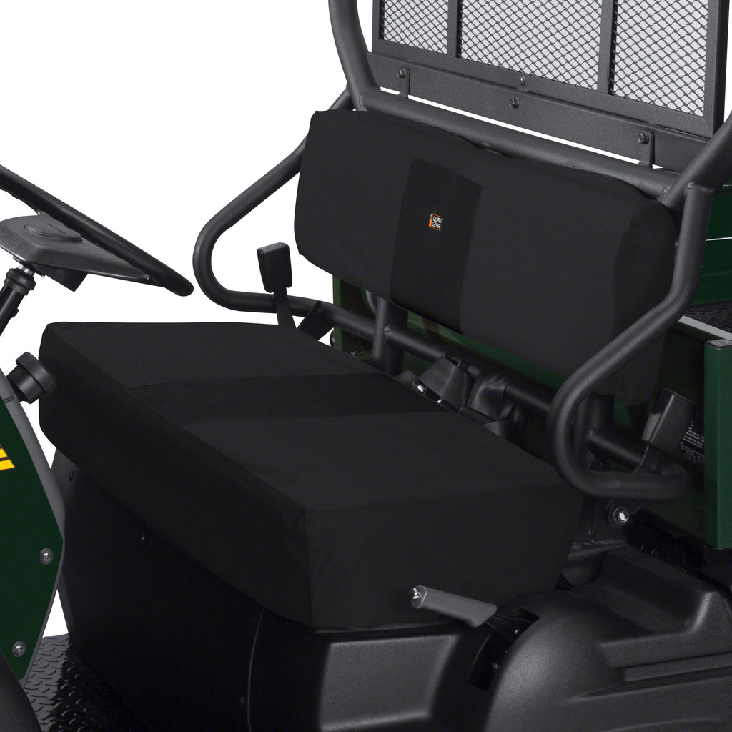 Black Classic Accessories UTV seat cover installed on a vehicle seat, designed for durability and protection.