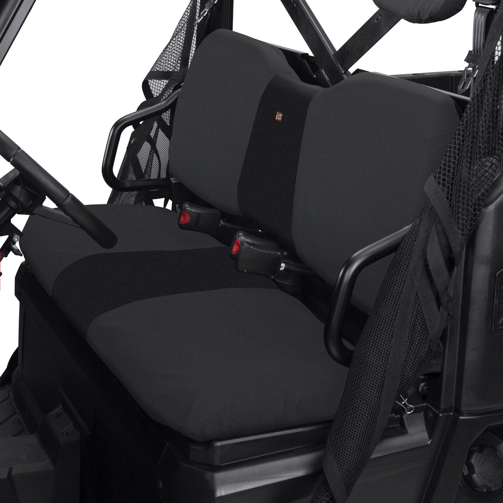 Black Classic Accessories UTV bench seat cover with durable fabric, designed to protect and enhance the seating area.