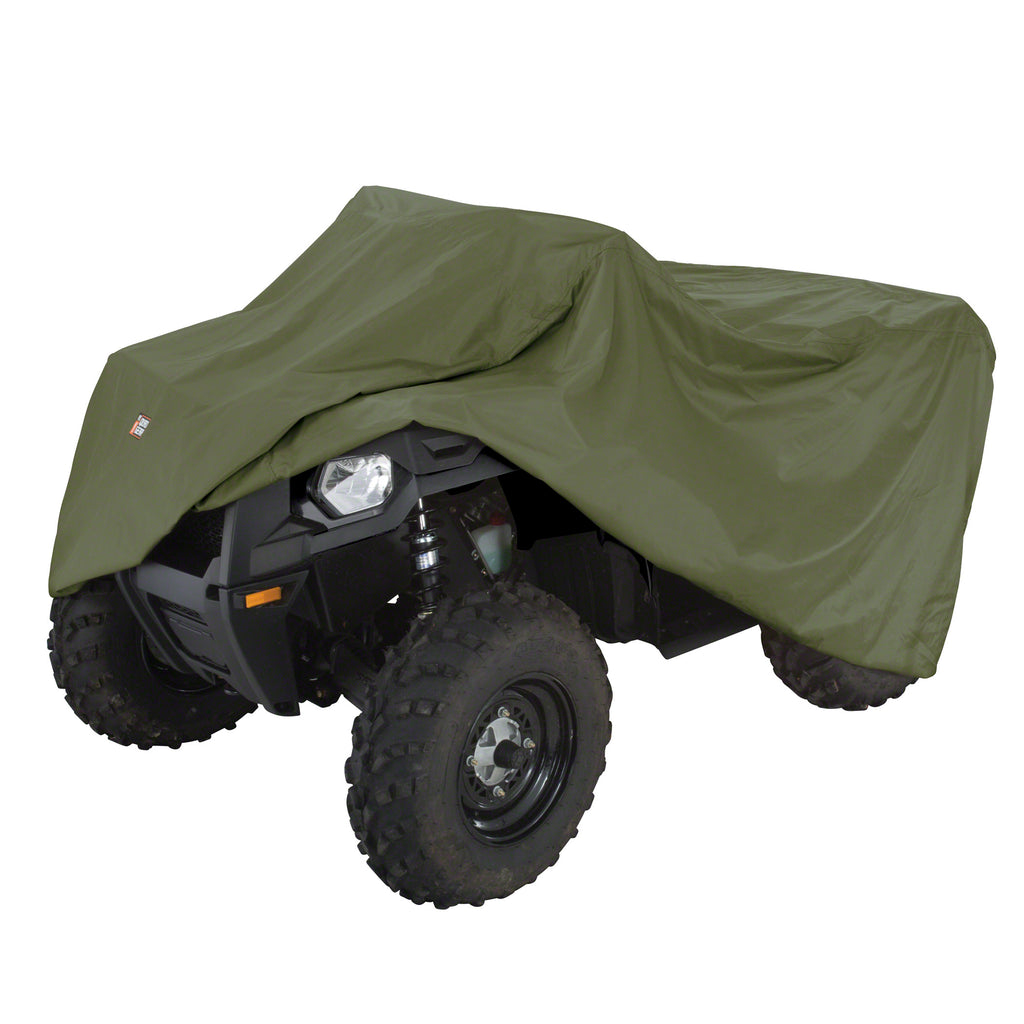Classic Accessories ATV storage cover in olive green, designed for 2 ATVs, with durable material and secure fit.