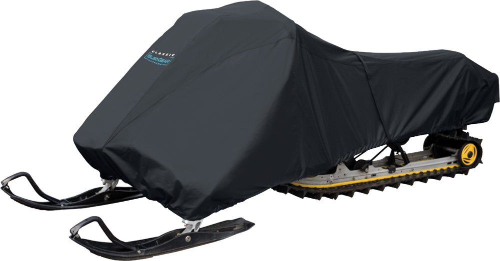 Black Classic Accessories storage cover for long track outdoor storage unit, large size, weather-resistant outdoor protection.