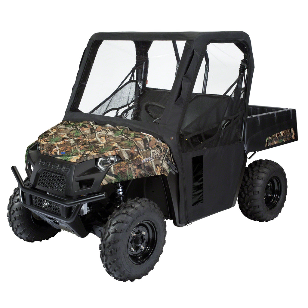 Black UTV cab enclosure by Classic Accessories, designed for Yamaha vehicles, providing weather protection and a secure fit.