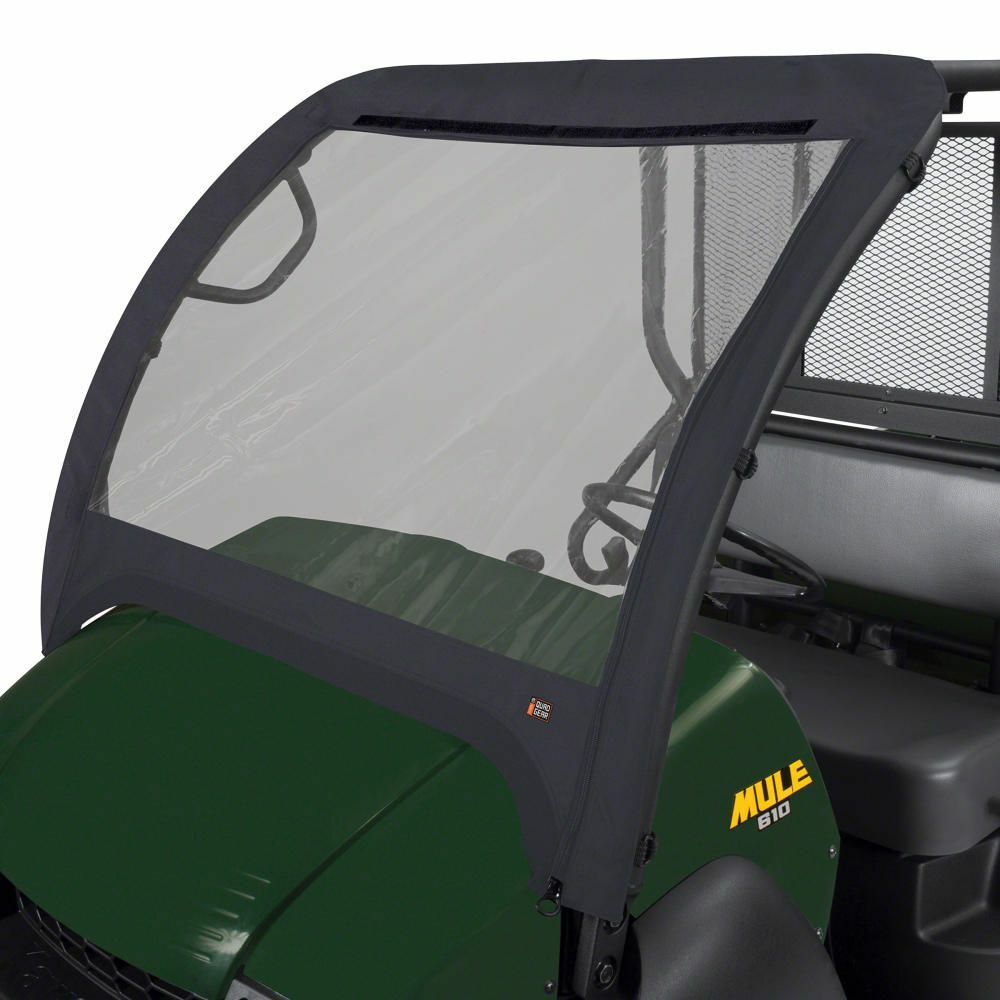 Classic Accessories UTV windshield in black, designed for Kaw models, providing protection and visibility for off-road riding.