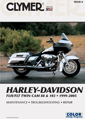 Clymer Harley FLH/FLHR repair manual cover featuring detailed diagrams and instructions for motorcycle maintenance and repair.