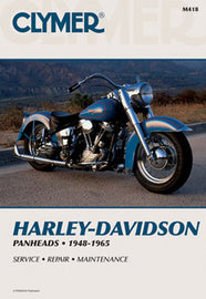 Clymer repair manual for Harley Panhead 27-M418, showing detailed pages with diagrams and instructions for motorcycle maintenance.