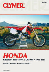 Clymer repair manual for Honda CR250 and CR500R motorcycle, showing detailed cover and product information.