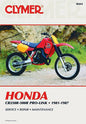 Clymer repair manual for Honda CR250R and CR500R motorcycle engines, detailed tools and maintenance instructions in book format.