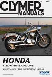 Clymer repair manual for Honda VTX1300 motorcycle, detailed tools and diagrams for maintenance and repairs.