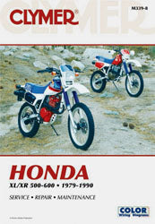 Clymer repair manual for Honda XL and XR 500-600 motorcycles, showing technical diagrams and step-by-step repair instructions.