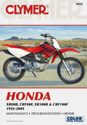 Clymer repair manual for Honda XR80R, CR, F models, showing detailed pages and diagrams for motorcycle maintenance.