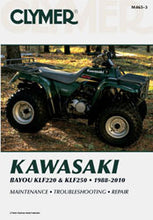 Load image into Gallery viewer, Clymer repair manual for Kawasaki KLF220 and KLF250, technical tools guide showing cover and sample pages.