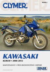 Clymer repair manual for Kawasaki KLR650 motorcycle, showing cover with detailed diagrams and maintenance instructions.