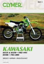 Charger l'image dans la galerie, Clymer repair manual for Kawasaki KX125, KX250, and KX500 dirt bikes, showing detailed illustrations and instructions.