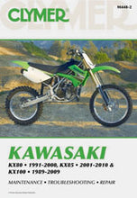 Load image into Gallery viewer, Clymer repair manual for Kawasaki KX80 and KX100 motorcycle, detailed tools and maintenance instructions, black and white manual cover