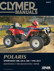 Clymer repair manual for Polaris Sportsman and Xplorer 27-M365 ATV, showing detailed illustrations and step-by-step instructions