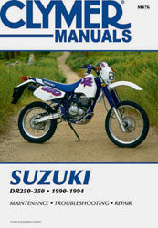 Clymer repair manual for Suzuki DR250 and DR350 motorcycles, showing detailed diagrams and maintenance instructions.