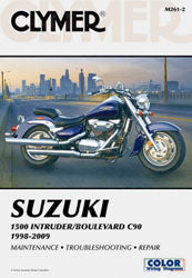Clymer repair manual for Suzuki Intruder and Boulevard motorcycles, showing detailed pages and diagrams for maintenance and repairs.
