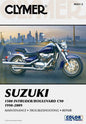 Clymer repair manual for Suzuki Intruder and Boulevard motorcycles, showing detailed pages and diagrams for maintenance and repairs.